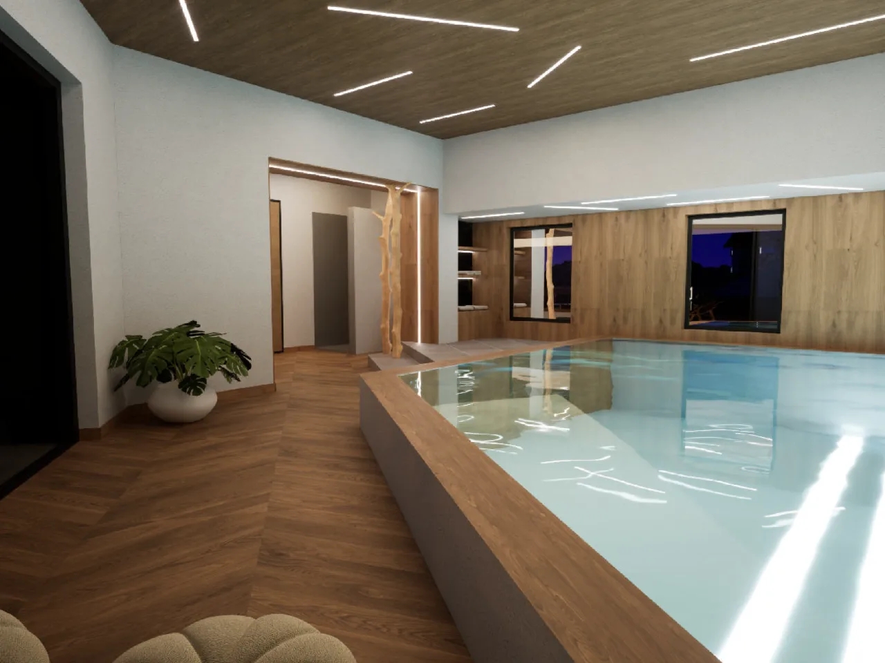 Nowoczesny basen kryty w hotelu Folgarida, Włochy, z drewnianymi panelami i eleganckim oświetleniem LED.