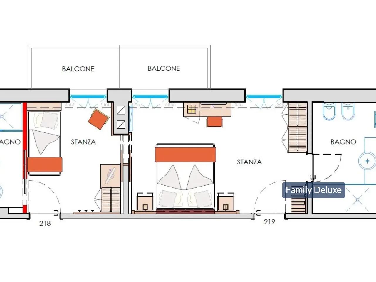 Rzut architektoniczny pokoi 218, 219 w hotelu Tevini, Val di Sole, Włochy. Układ Family Deluxe z balkonami i łazienkami.
