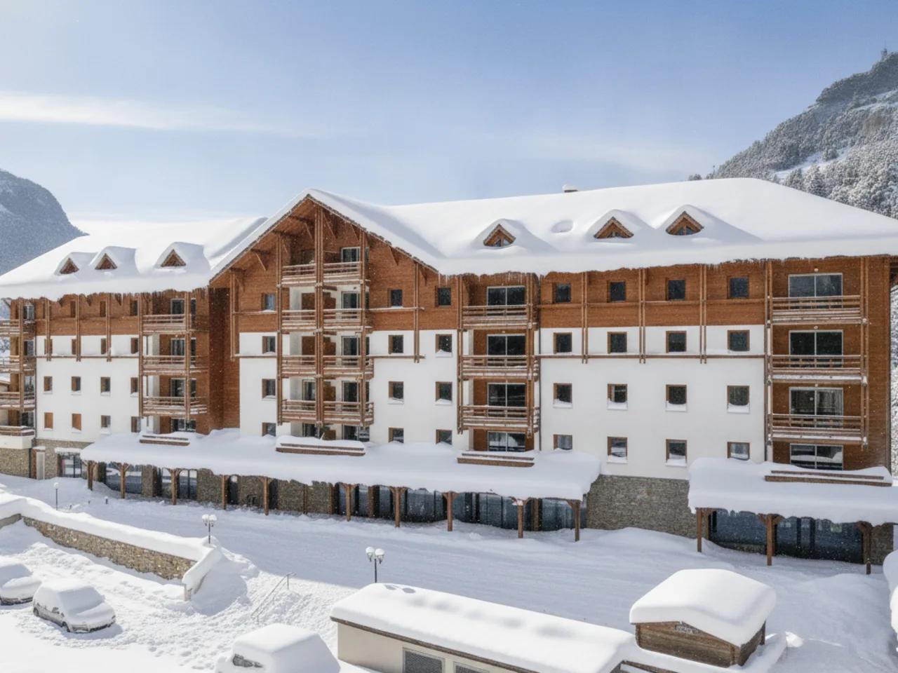 Nowoczesny apartamentowiec Aigle Bleu w Serre Chevalier, Francja. Budynek z drewna i bieli z balkonami, widoczne góry i parking.
